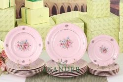 Набор тарелок 6 персон 18 предметов Соната, Розовые цветы, розовый фарфор 07260119-0013