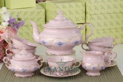 Чайный сервиз 6 персон 15 предметов Соната, Голубые цветы, розовый фарфор