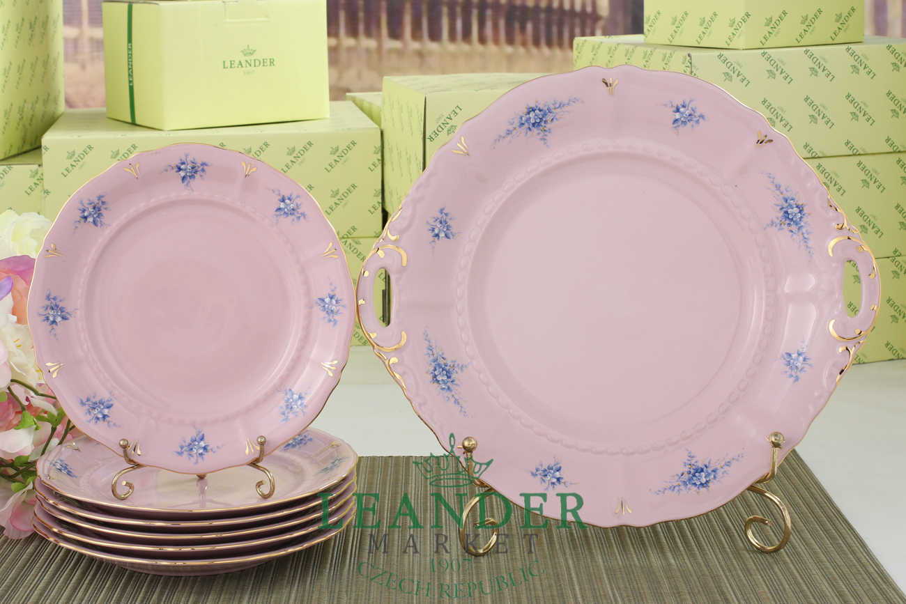 Сервиз для торта 7 предметов Соната, Голубые цветы, розовый фарфор 07261017-0009